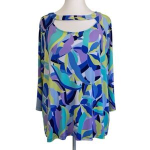 Susan Graver Women Multicolor Print Liquid Knit 3/4-Sleeve Top w/Cutout Size 1X